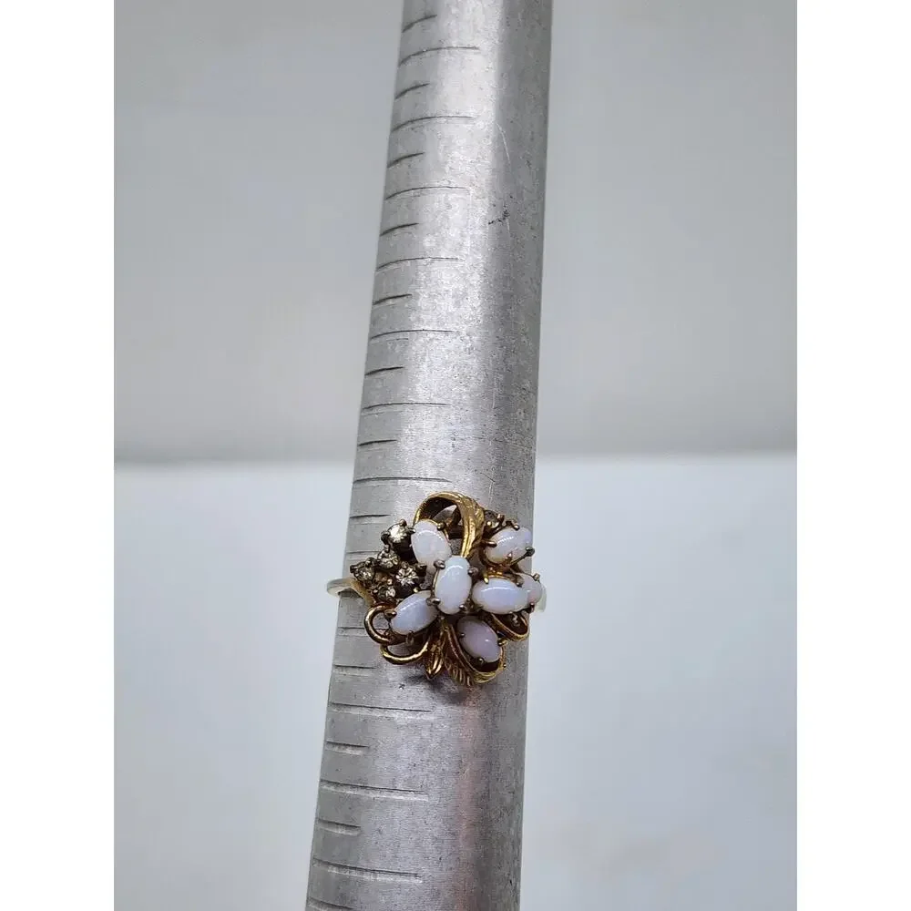 Vintage Opalene Rhinestone Cocktail Ring Gold Plated Floral Leaf Cluster Size 9
